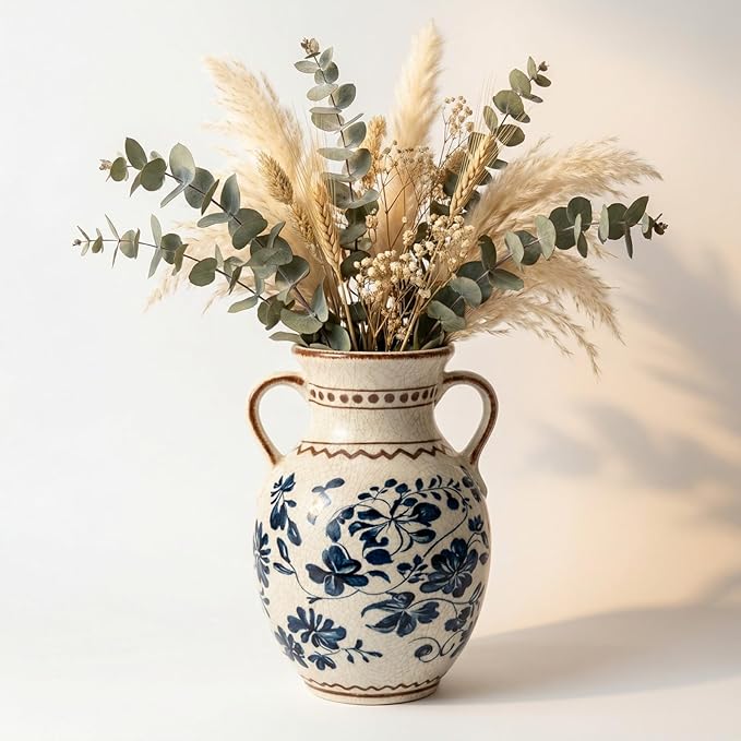 EFISPSS Ceramic Vintage Vase,Spring Decor Unique Chinese Crackle Floral Handle for Dining Room Mantle Living Room,Blue 8.4In