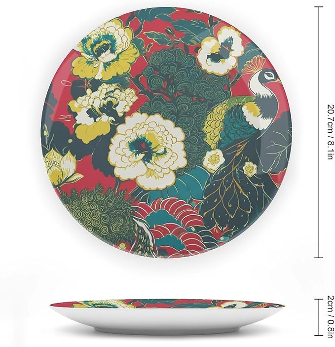 Chinoiserie Red Flowers Vintage Plates of 6", 7", 9", 10", Custom Peacock Birds And Floral Ceramic Salad Plates, Wall Club Decorations Wedding, with Display Stand And Hook Up