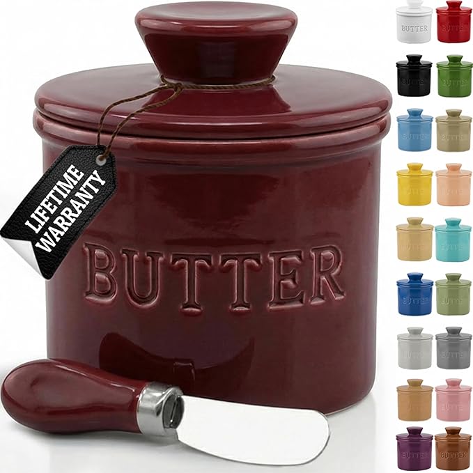 PriorityChef Butter Crock with Lid with Water Line,Ceramic French Butter Dish to Leave On Counter, Winery