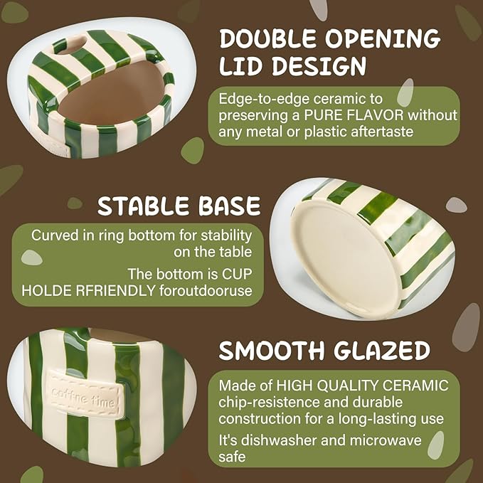 2 Pack Ceramic Coffee Mug with Sip Hole Espresso Cup 10oz with Straws Retro Hand Painted Striped Porcelain Coffee Tea Cup Cappuccino Latte Mug for Kitchen Dining Travel (Green,Brown)