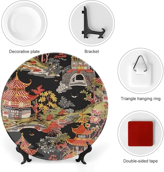 Ceramic Decorative Plate Chinoiserie Charcoal Coral Pagoda Asian Personalized Decor for Office Table Club Kitchen Ceramic Hanging Decorative Plate 1 Plate with 1 Display Stand, Gifts for Men Women