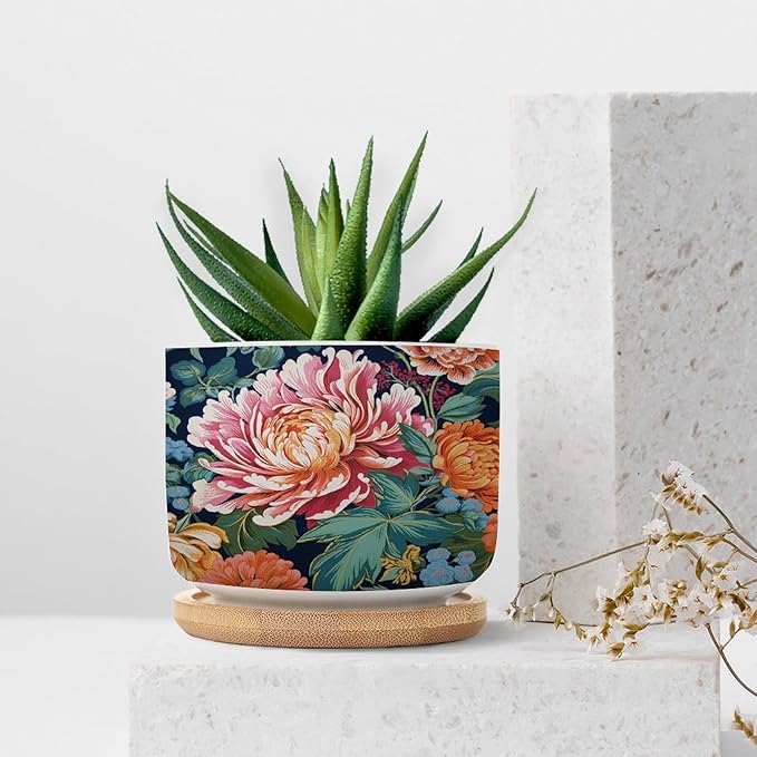 Bright and Chinoiserie Ceramic Planter Coral Peony Floral Snake Plant Live Indoor with Pot with Drainage Holes and Saucers Pot for Pots Outdoor Indoor Plants