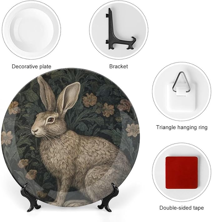 Vintage William Morris Rabbit Decorative Plate, Art Nouveau Raven in The Garden Personalized Ceramic Dinner Plate for Festival Wedding Decor, Unique Art with Stand Art Decorations for Home Wall