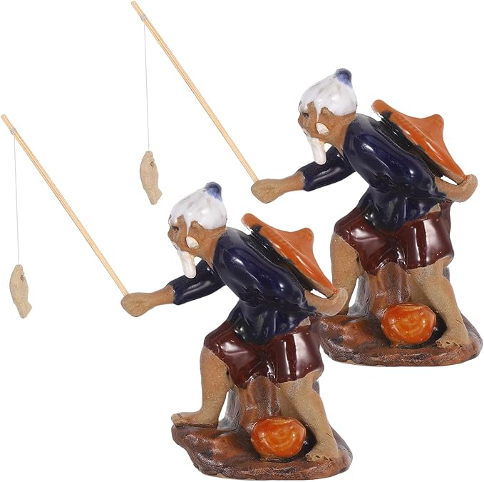 Operitacx 2pcs Miniature Fisherman Figurines Ceramic Asian Zen Garden Decoration for Aquarium and Bonsai Fish Tank Micro Landscape Outdoor Patio Sculptures