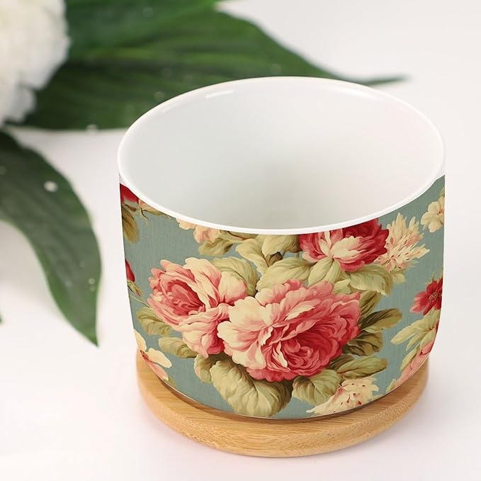3 Piece Ceramics Planter Pink Cabbage Roses Romantic Small Pots for Succulents Cottage Chic Antique Pink Flower Houseplant Pot for Succulent Japanese Chinoiserie Plant Pot