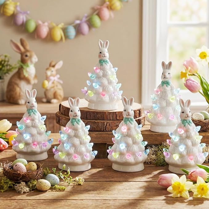 Leinuosen 6 Set Mini 4 Inch Easter Bunny Ceramic Tabletop Tree with LED Lights Easter Bunny Hanging Light up Hanging Ornaments Pre Lit Hand Painted for Table Home Office Holiday Decorations
