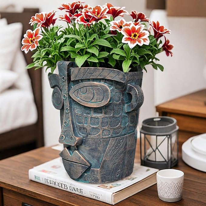 Bronze Abstract Face Planter Pots Unique Head Plant Pots Funny Face Flower Pot for Indoor Plants Home Art Table Decoration