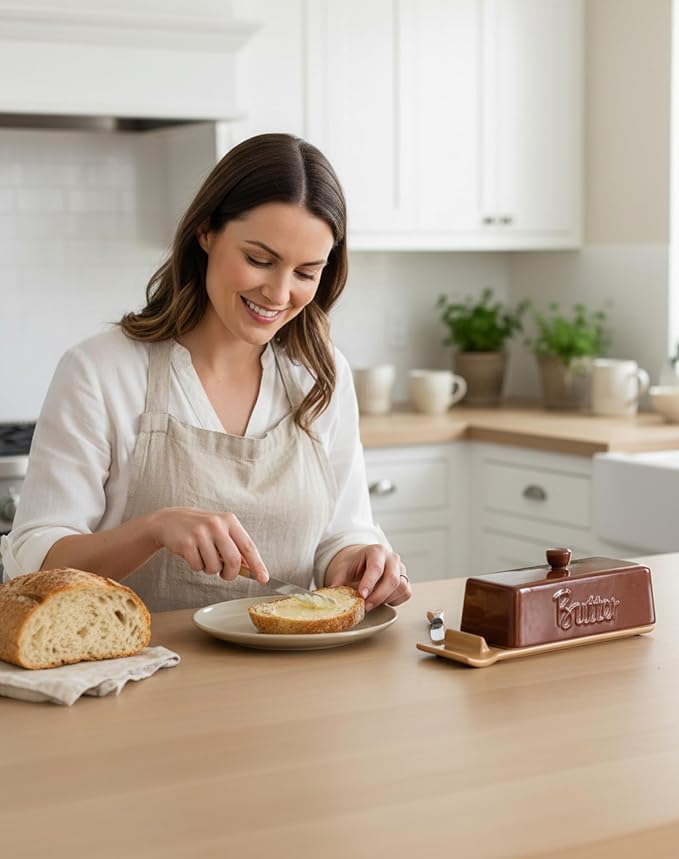 TEATALK Ceramic Butter Dish with Lid and Knife - Large Butter Holder, Farmhouse Style, 8-Inch Porcelain Butter Keeper with Scraper Edge,Brown