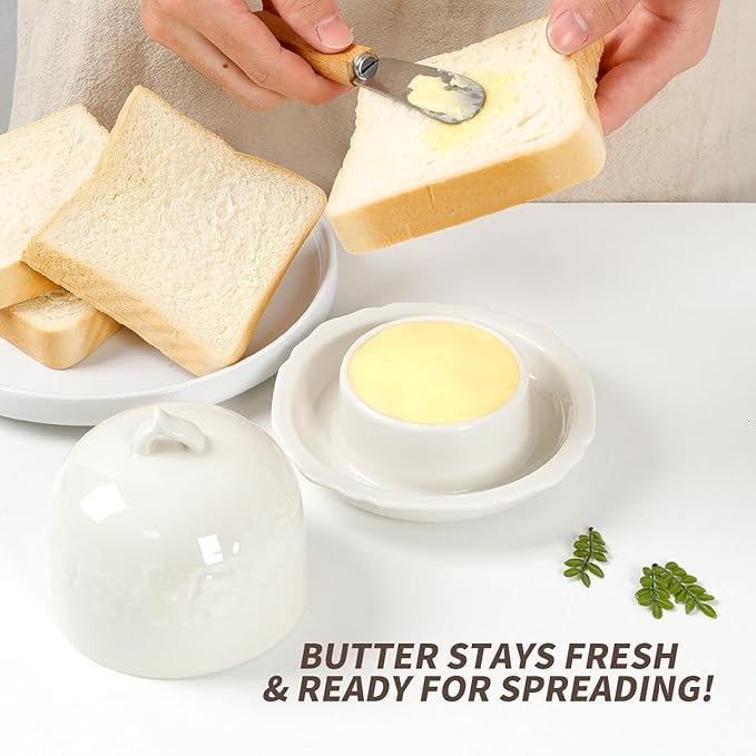 Butter dish, Ceramic Small Butter Dish with Lid, 2025 NEW Original Design Mini Butter Crock Keeper with Handle, 17 OZ Mini Butter Container Cover and Water Sealing 2 Ways Sealing (Flower)
