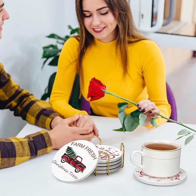 6 Pcs Ceramic Christmas Coasters Absorbent Drink Coasters with Holder Cute Xmas Coaster Set Decorative Coffee Table Decor Coaster Funny Christmas Decoration Housewarming Gift Festive Cup Coasters