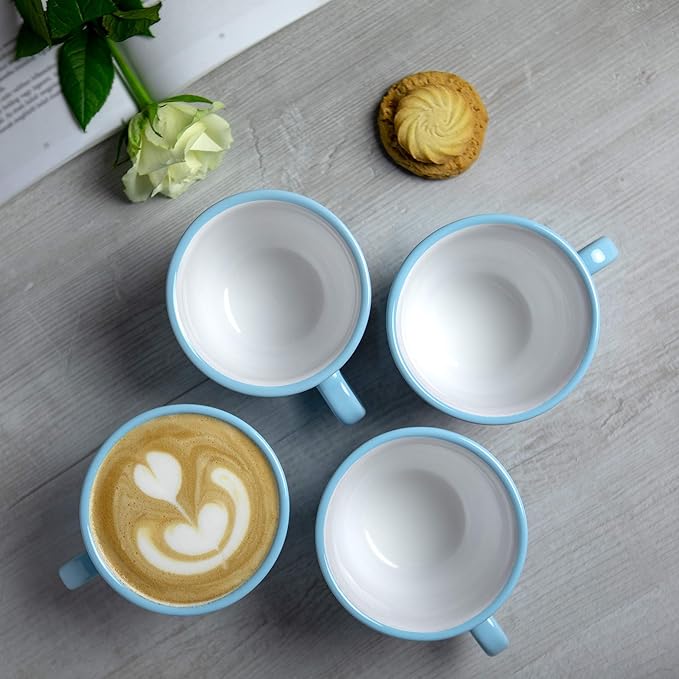 City to Cottage Handmade Light Sky Blue and White Polka Dot Large Ceramic 12oz/350ml Cappuccino Coffee Tea Cup and Saucer, Unique Designer Pottery Gift for Tea Lovers