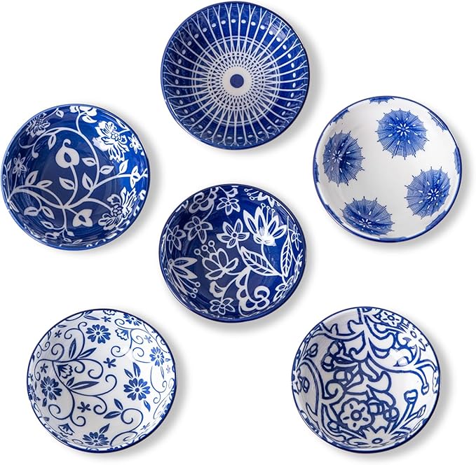 Ceramic Dipping Bowls Set - Mini 3 Inch Soy Sauce Dishes - 2.7 Oz Small Round Pinch Bowls for Snacks, Appetizers, Side Dish BBQ, Charcuterie & Kitchen Prep - Set of 6 - Vintage Blue