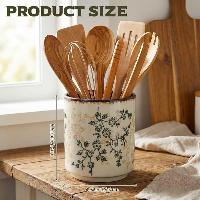 Kitchen Ceramic Utensil Holder Rustic 5.5" Green Floral Utensil Crock for Countertop Tuscany Cooking Tools Storage Caddy for Spatula Spoon Farmhouse Decor Housewarming Gift