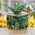 Bright Emerald Green Ceramic Planter Chinoiserie Decor Flower Pots for Indoor Plants with Drainage Holes and Saucers Pot for Home Desktop Office Windowsill