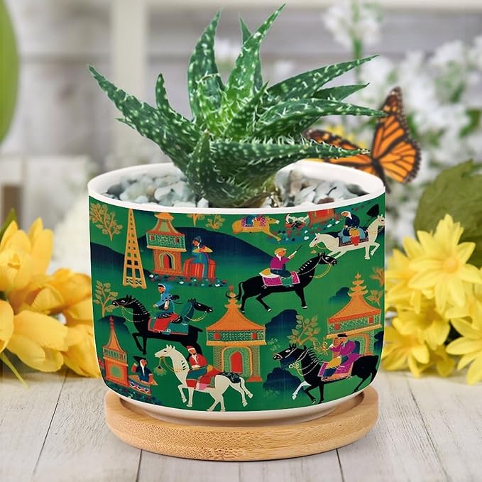 Bright Emerald Green Ceramic Planter Chinoiserie Decor Flower Pots for Indoor Plants with Drainage Holes and Saucers Pot for Home Desktop Office Windowsill