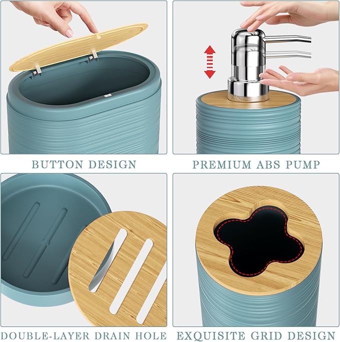 Light Blue Bathroom Set - 10PC Bathroom Accessories Set, Luxury Bathroom Accessory Set with Trash Can,Toilet Brush & 2 PC Soap Dispensers for Apartment Decor and Housewarming