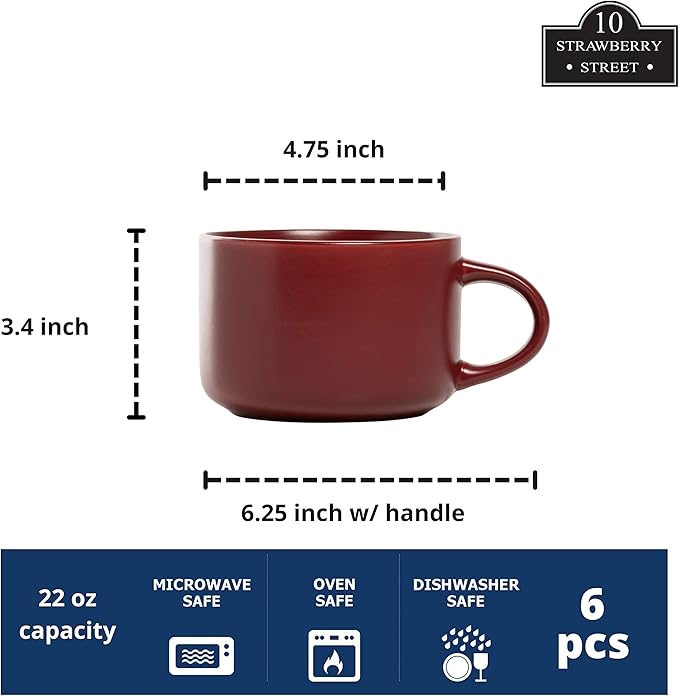 10 Strawberry Street Wazee Matte 4.75"/22 oz Oversized Mug, Set of 6, Red
