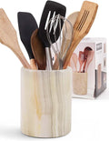Marble Utensil Holder 6.5 Inch Cream Onyx Wooden Cooking Utensils Set & Spatula Organizer for Kitchen Counter, Stone Utensil Crock & Caddy for Spoon Holder & Farmhouse Decor