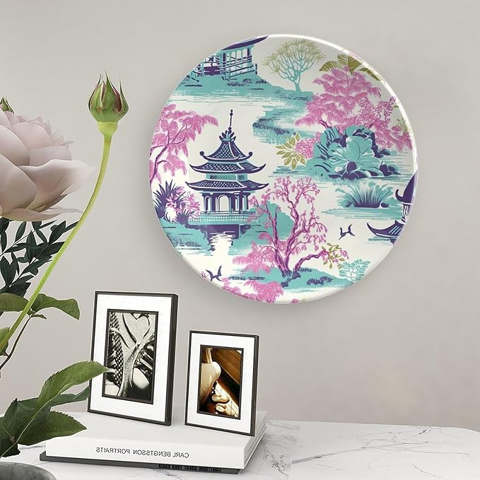 Chinoiserie Pagoda White Coral Blue Asian Plates Ceramic, Chinoiserie Garden Scenery Hand Painted Wall Hanging Decor for Kitchen Household Decor, with Vertical Stand Art Decor for Wall Art Decoration