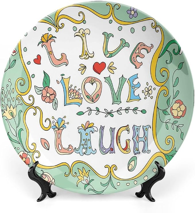 XISUNYA 7 Inch Decorative Plate, Live Laugh Love Decor Ceramic Craft, Ornate Doodle Wreath Inspiring Quote Print Ceramic Wall Hanging for Home Office Party Dinner Table Decor, Multicolor