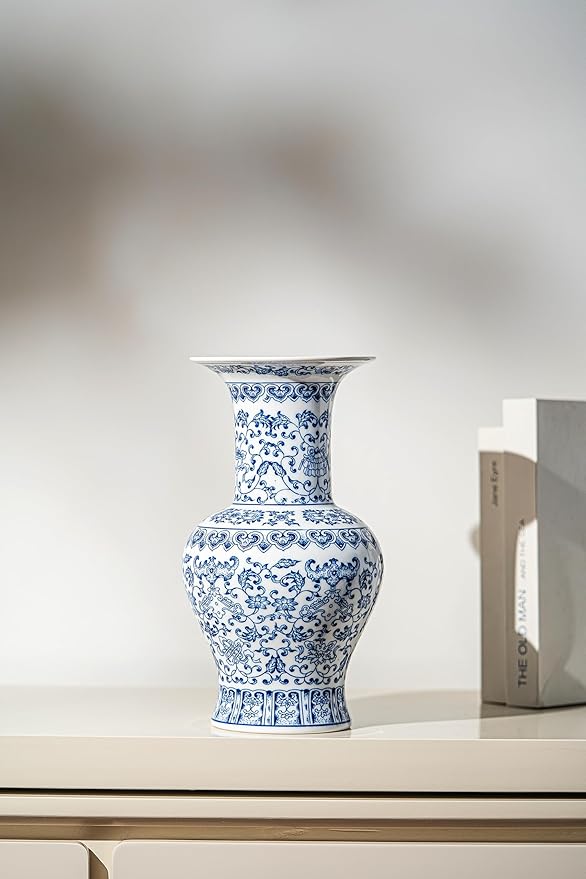 Vintage Blue and White Porcelain Vase, Chinoiserie Ginger Jar Vase for Home Decor, Flower Vase for Tabletop, 12" H