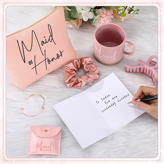 42 Pcs 6 Sets Wedding Favors Bridesmaid Proposal Gifts Maid of Honor Ceramic Coffee Cups Cosmetic Makeup Bags Invited Cards Scrunchies Knotted Bracelets Jewelry Bags Hair Claw Clips(Pink)
