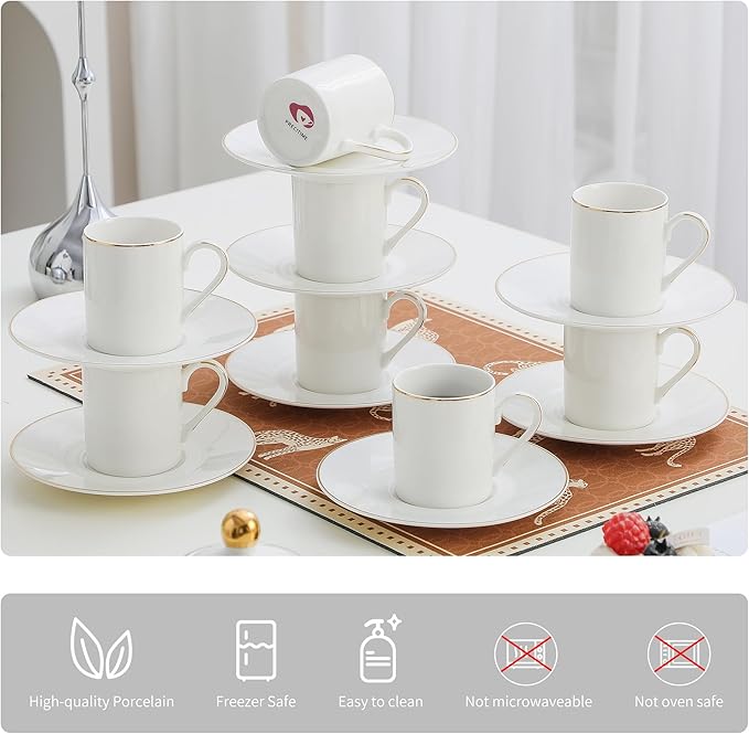 White Porcelain 8-Piece Espresso Cup Set - 3.3oz Demitasse Cups and Saucers Set, Elegant design with gold trim, Perfect for Espresso, Turkish Coffee, and Dessert Drinks, Gifts