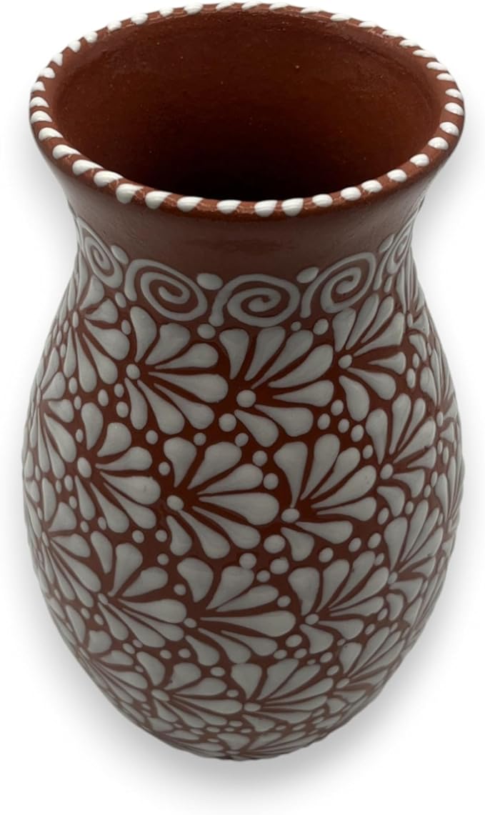 Brown & White Talavera Vase | Handcrafted Relief Pottery