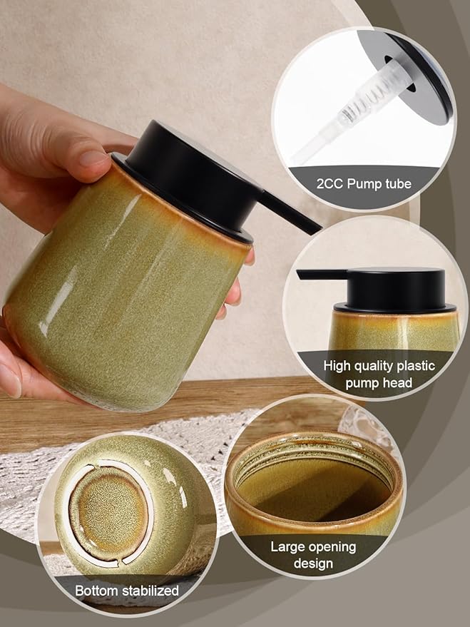 INGOFIN Ceramic Lotion Dispenser - 12 oz Refillable Hand Soap Dispenser Bathroom, Modern Liquid Soap Dispenser with Pump, Dish Dispenser for Kitchen,Kiln-Glazed Earthy Greenish-Brown