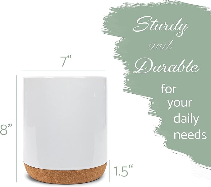 Elanze Designs Glossy X-Large Ceramic Stoneware Cork Bottom Kitchen Utensil Holder, White