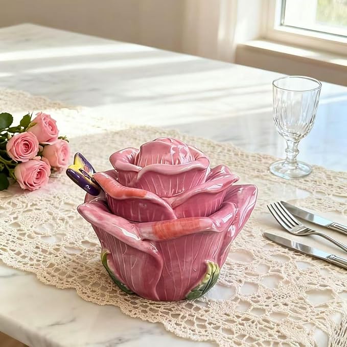 Ceramic Rose Spice Jars - 3D Hand-Sculpted & Hand-Painted Condiment Pots for Salt, Sugar, Pepper (Fuchsia)