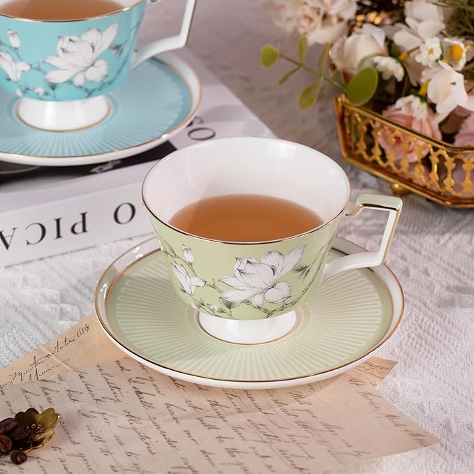 KAMMAK Ceramic Coffee Cups Saucers Set of 2, Porcelain Espresso Cups with Saucers, 8.12 oz Handcrafted Elegant Bone China Tea Cups, Blue & Sage Green Flower Teacup for Party, Office, Women Gift