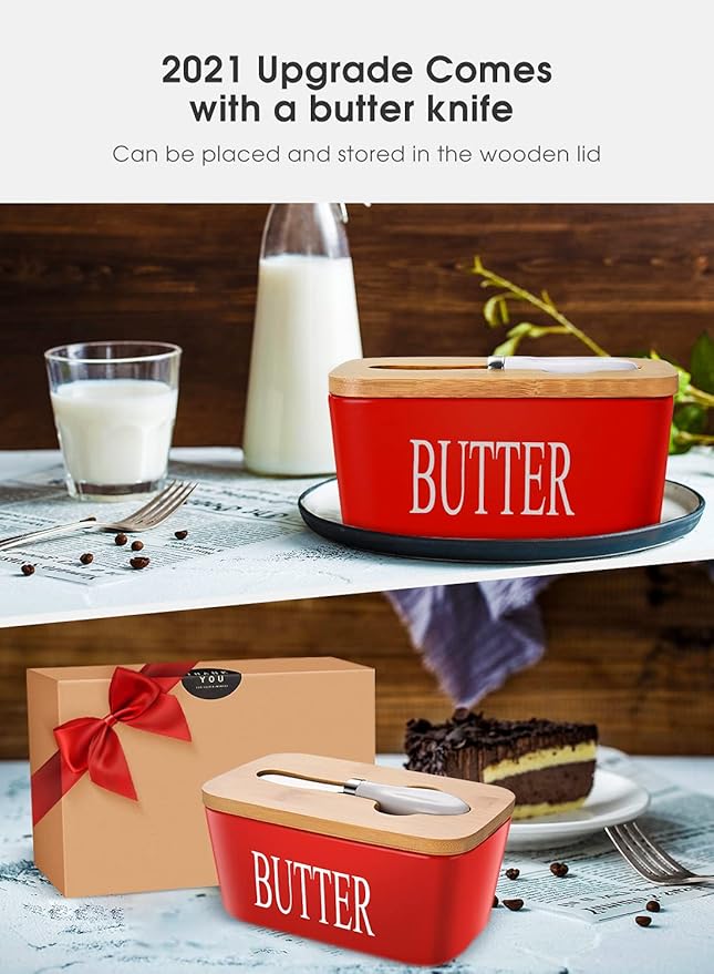 AISBUGUR Large Butter Dish with Lid Ceramics Butter Keeper Container with Knife and High- quality Silicone Sealing Butter Dishes with Covers Good Kitchen Gift Red 6.3 x 3.5 x 2.7 inches