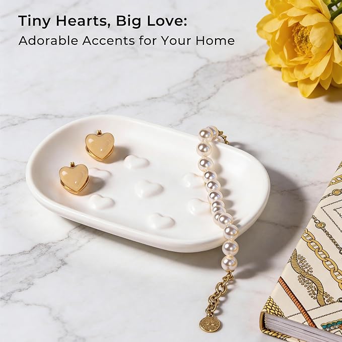 HILLSPRING Ceramic Soap Dish with Charming Heart Bumps, Drainage Design Keeps Soap Dry, Decorative Bar Soap Holder for Bathroom, Kitchen Sink, Vanity, Matte White, 5"x3.5"