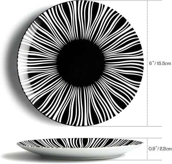 Black and White Striped Ceramic Plates Set of 6-6 Inch Zebra Pattern Dessert & Appetizer Plates, Minimalist Porcelain Dish Set, Microwave, Oven & Dishwasher Safe