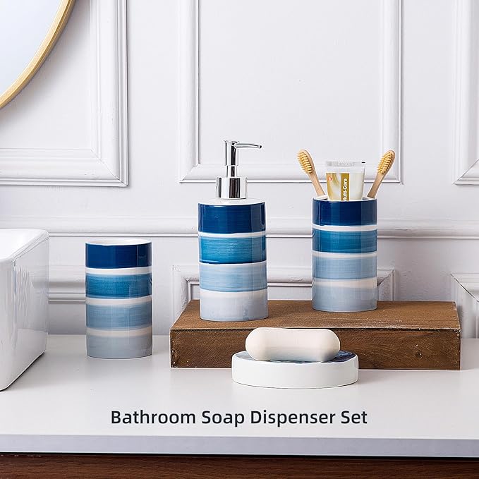 Bathroom Accessories Set, 4-Piece Blue Ceramic Bathroom Decorations Accessories Set, Contain Toothbrush Cup, Soap Dispenser, Soap Dish, Tumbler