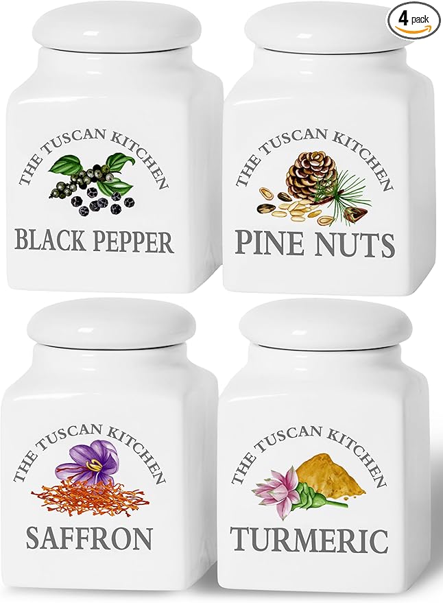 HOMBENE Kitchen Storage Spice Canisters Ceramic Containers, Food Jar with Airtight Lids, 6 oz Containers Jar for Pink Nuts, Turmeric, Saffron, Black Pepper Set of 4, White