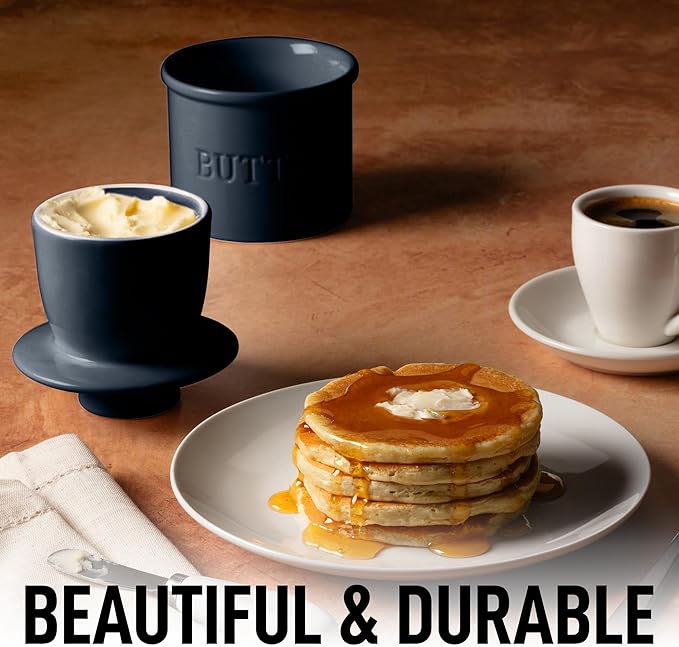 Zulay Kitchen Bell Shaped Butter Crock with Lid for Countertop with Water Line & Spreader Knife, Ceramic French Butter Dish Keeper For Fresh, Soft & Spreadable Butter - Midnight Blue