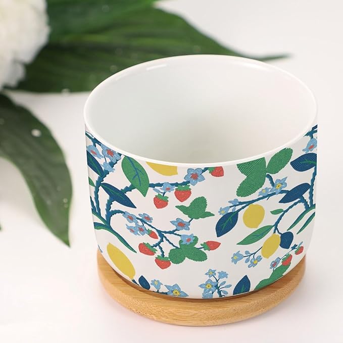 Summer Cherry Lemon Citrus Garden Small Ceramics Planter Set of 2 Leaf Fruit Strawberry Ceramics Plant Pot with Drainage Bamboo Trays Chinoiserie Style Succulents Pots
