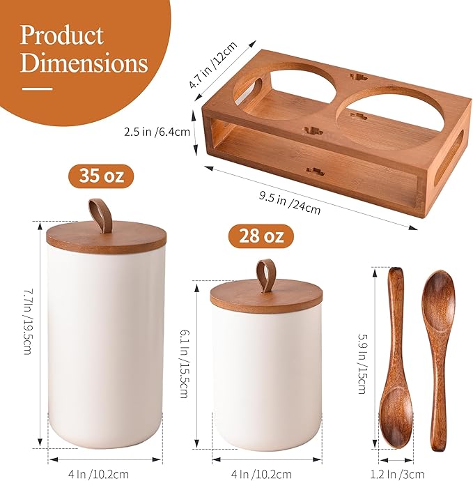 White Ceramic Canister Set of 2 with Bamboo Lids, Wooden Stand & Spoons – 35oz & 28oz Airtight Food Storage Jars for Coffee, Sugar, Tea, Kitchen Counter Organizer