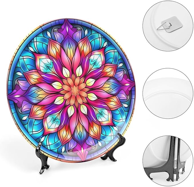 Decorative Plates, Moroccan Floral Stained Glass Design Ceramic Dinner Plate Home Wobble-Plate with Display Stand, Wall Hanging Decor for Kitchen Household 7 Inch, Gifts for Family Friends