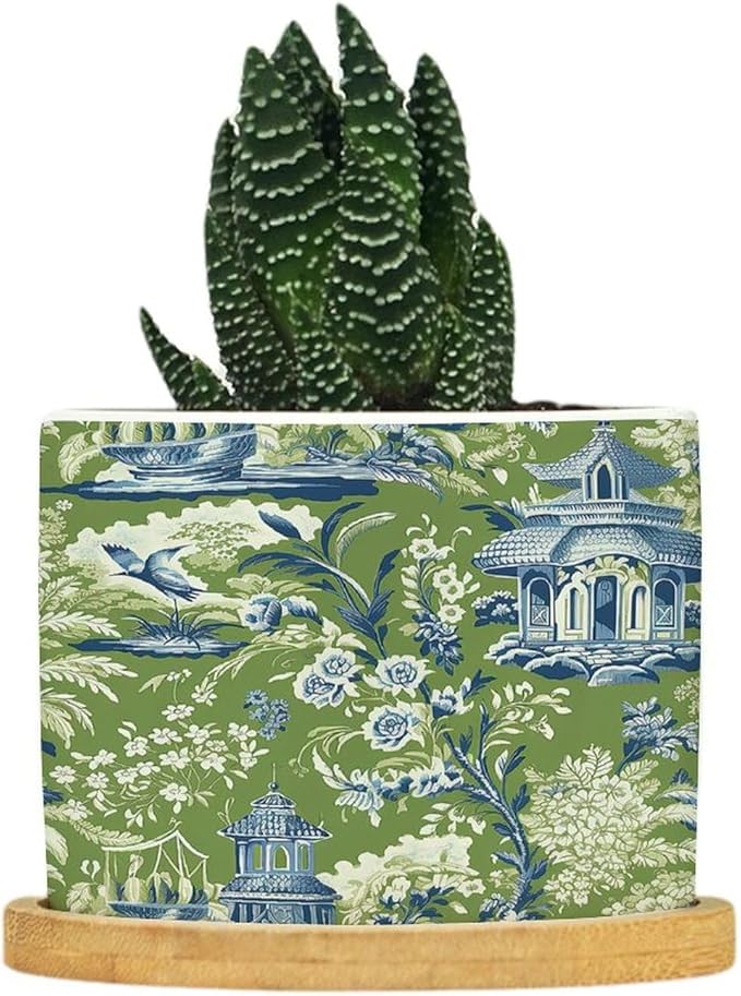 Planters Ceramic Turquoise Green Chinoiserie Floral and Bird Pots With Drainage Holes - Round Flowerpot With Bamboo Tray for Succulent and Little Snake Plants - Gift for Nana Grandma