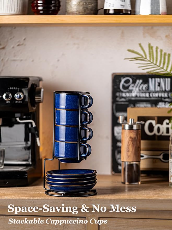 Gomakren 6 Ounce Cappuccino Cups with Saucers and Metal Stand, Stackable Coffee Cup Set of 4, Valentine Porcelain Espresso Cups for Coffee Drinks, Cappuccino, Latte, Americano, Tea, Cobalt Blue