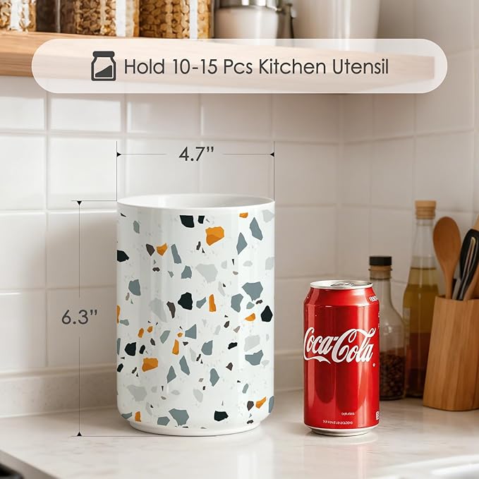 kitchen utensil holder,Extra Large Stable Terrazzo Marble Pattern Ceramic Utensil Crock,Vintage Farmhouse Kitchen Decor for Counter,for Housewarming,Wedding Gift 6.3"+4.7"(Marble Pattern)