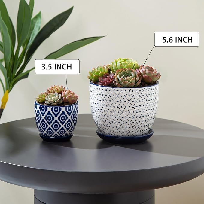 Ceramic Plant Pots - 5.6 Inch Flower Planters with Drainage Holes and Saucers for Indoor Plants Herbs, Succulent, Orchid, Cactus, Outdoor Plants, Home Decor, Set of 4, Vintage Blue