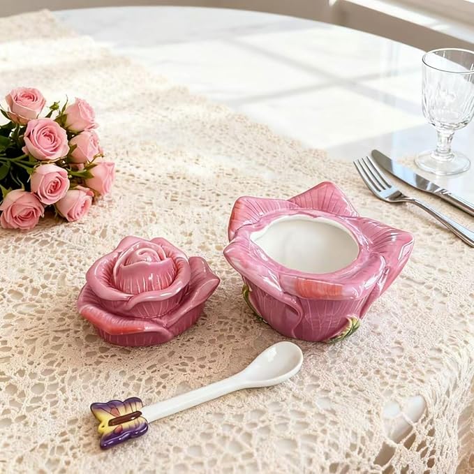 Ceramic Rose Spice Jars - 3D Hand-Sculpted & Hand-Painted Condiment Pots for Salt, Sugar, Pepper (Fuchsia)