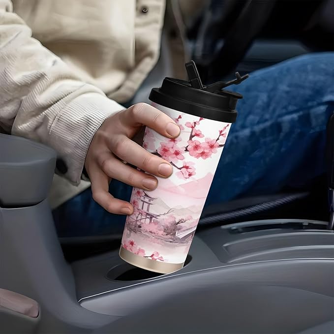 Asian Style Pink 17oz Insulated Coffee Mug with Dual-Function Lid, Ceramic Lined Travel Tumbler for Pure Taste, Stainless Steel Water Bottle with Straw, Fits Cup Holders