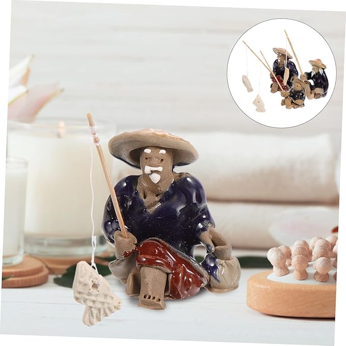 Mikikit 15pcs Ceramic Fisherman Figurines Sculpture Miniature Statues for Aquarium Decor Asian Fisherman Figurine for Bonsai Pot and Zen Garden Lifelike Fishing Man Ornaments for