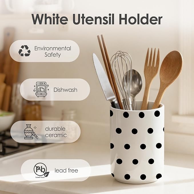 Black polka dot cutlery rack,ceramic spatula rack,countertop ceramic cutlery rack,large cooking utensil jars,countertop decorative vase, kitchen utensil storage jars,6.3 inches + 4.7 inches(polka dot)