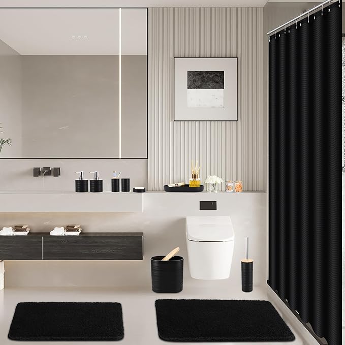 Bathroom Set - Black Bathroom Accessories Set, Bathroom Sets with Shower Curtain and Rugs, 25PC Shower Curtain Set with Hooks, Soap Dispenser, Soap Dish, Toilet Brush Holder and Trash Can